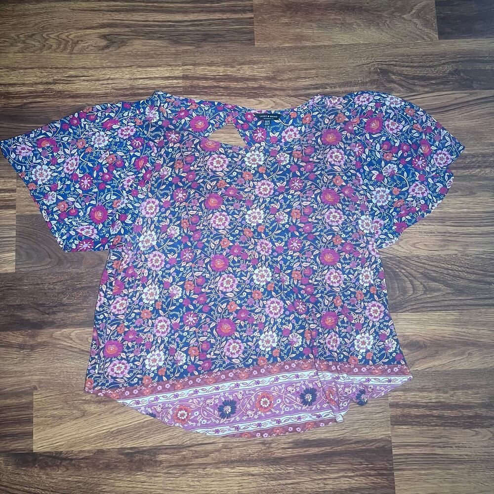 Lucky Brand Floral Print Short Sleeve Blouse with Keyhole Back Boho Womens 1X